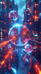 Poster - Futuristic Cyber Landscape with Floating Data Spheres and Vibrant Neon Pathways