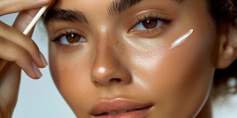 a skincare model showcasing her eyebrows. the scene is her applying a eyebrow filler with a generic thin white applicator