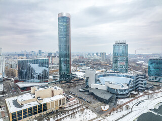 Wall Mural - Yekaterinburg aerial panoramic view in spring at sunset. Yekaterinburg city and pond in spring or autumn.