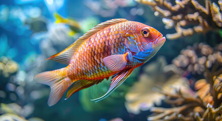 A colorful fish swimming in the crystal clear waters of an exotic coral reef, surrounded by vibrant corals and marine life