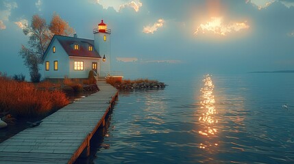 Wall Mural - A small white house near the end of a dock with the white lighthouse with the red top in the distance. Generative AI.