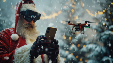 Canvas Print - Modern santa, with smartphone and drone with gifts, electric sled