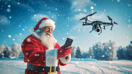 Canvas Print - Modern santa, with smartphone and drone with gifts, electric sled