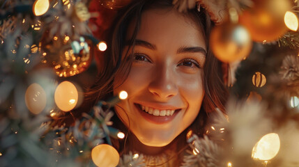 Canvas Print - Santa woman behind a christmas tree, laughing, very pleasant and beautiful