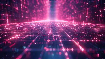 Poster - Vivid Neon Lit Digital Grid with Glowing Nodes and Futuristic Cyber Aesthetic