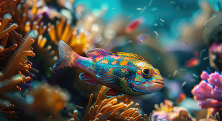 Wall Mural - A colorful fish swimming in the crystal clear waters of an exotic coral reef, surrounded by vibrant corals and marine life