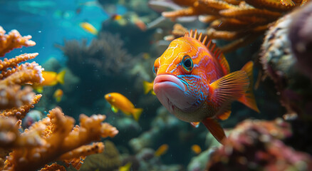 A colorful fish swimming in the crystal clear waters of an exotic coral reef, surrounded by vibrant corals and marine life