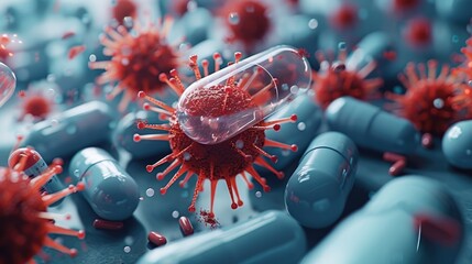 Poster - The fight between pills and the virus. Generative AI.