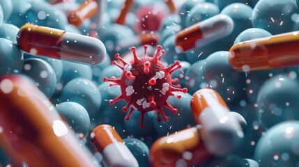 Poster - The fight between pills and the virus. Generative AI.