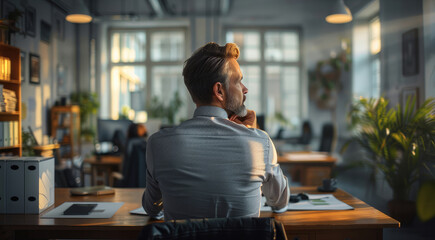 Aufkleber - Rear view, A man thinking in an office. Generative AI.