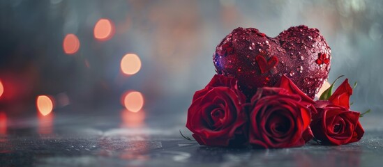 Poster - A red heart shaped object adorned with a beautiful bouquet of roses in a copy space image