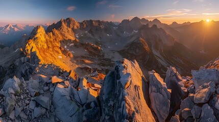 Sticker - Panoramic view of the mountains at sunrise, in summer.