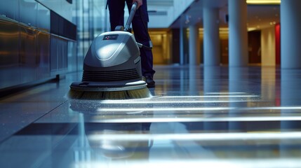 Canvas Print - Professional janitorial staff using an industrial floor buffer machine for cleaning and polishing the hallway of a modern corporate or commercial building