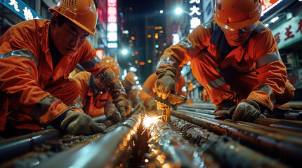 Poster - A group of Chinese workers in orange work and helmets, working on an iron pipe with electric benders at night in the city street. Generative AI.