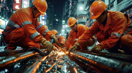 Poster - A group of Chinese workers in orange work and helmets, working on an iron pipe with electric benders at night in the city street. Generative AI.