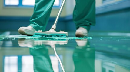 Poster - Lower body of a person in green scrubs and white shoes mopping a shiny hospital floor