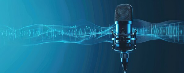 Wall Mural - A microphone is placed on a blue background with a lot of sound waves. Free copy space for banner.