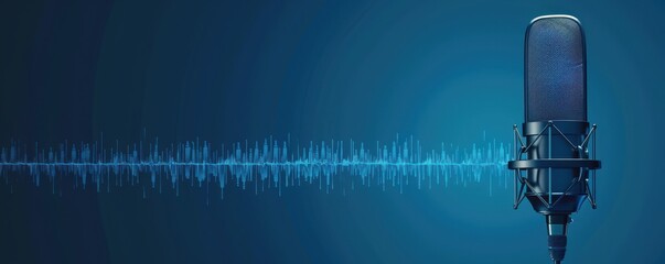Wall Mural - A microphone is placed on a blue background with a lot of sound waves. Free copy space for banner.