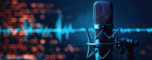 Wall Mural - A microphone is placed on a blue background with a lot of sound waves. Free copy space for banner.