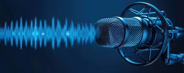Wall Mural - A microphone is placed on a blue background with a lot of sound waves. Free copy space for banner.