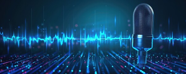 Wall Mural - A microphone is placed on a blue background with a lot of sound waves. Free copy space for banner.