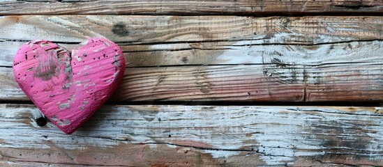 Poster - Heart shape in pink set against a rustic wooden background with copy space image