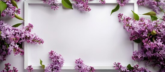 Aufkleber - Top view of a white frame decorated with purple lilac flowers perfect for text placement Copy space image included