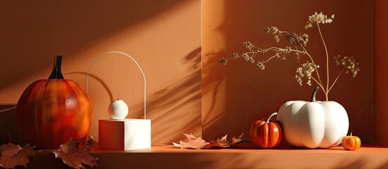 Poster - Product showcased in an autumn themed display featuring white geometric shapes alongside a pumpkin and a dry leaf on a dark orange backdrop with copy space image