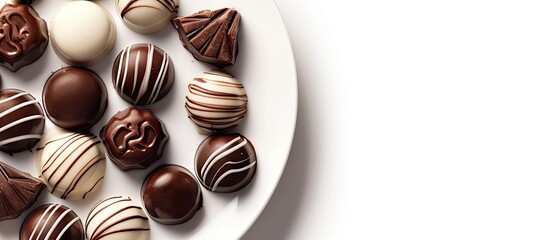Aufkleber - Plate with chocolate candies isolated on a white background providing ample copy space image