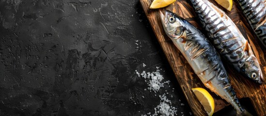 Leinwandbilder - Top down view of fresh mackerel on a rustic wooden board against a black backdrop serving as organic ingredients for a seafood eatery with space for text or images. with copy space image