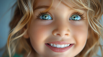 Wall Mural - Beautiful face of a young smiling happy little girl with natural green eyes, blonde hair and healthy teeth, innocence and wonder. Generative AI.