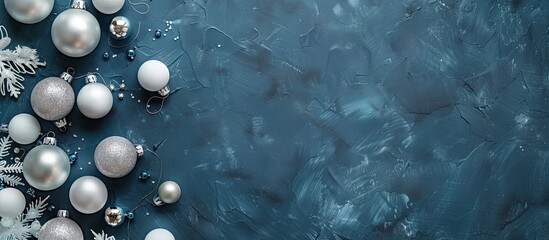 Wall Mural - Top view of a blue grey background adorned with white Christmas ornaments leaving empty space for additional elements in the image