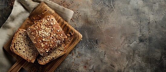 Poster - Sunflower seed bread on a wooden cutting board with copy space image