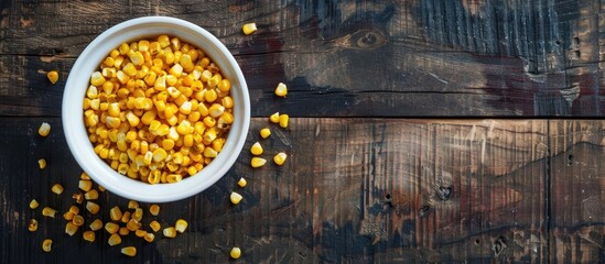 Poster - top view of yellow roasted sweetcorn in a white bowl seen from above with space available for additi