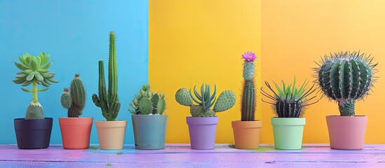 Poster - Various potted cacti displayed on a table with a colorful backdrop offering a copy space image for interior decoration