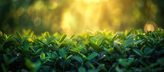 Aufkleber - Autumn sunlight illuminates lush green bushes with fresh leaves in a surreal natural setting Vibrant backdrop with selective focus toning ideal for copy space image