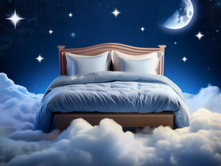 Wall Mural - Upholstered twin bed on clouds with moon and stars.