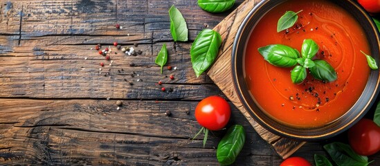 Aufkleber - Top view of homemade tomato soup with green basil in a copy space image