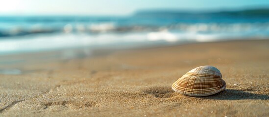 Wall Mural - Solitary clam shell on the sandy beach by the seashore with a vast copy space image