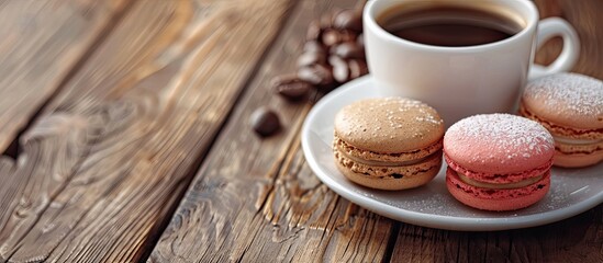 Poster - Breakfast featuring macaroons and coffee with a selective focus on a copy space image