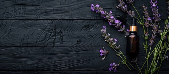 Poster - A lavender scented product sample is displayed with a dropper next to flowers on a black wooden table with a blank space for an image