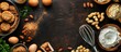 © vxnaghiyev - Top view culinary background with ingredients for baking peanut butter cookies including peanut butter brown sugar eggs butter baking powder flour peanuts and whisk creating a frame with copy space im