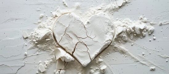Poster - Minimal concept featuring a heart shaped abstract background with textured cracked dry flour ideal for a copy space image
