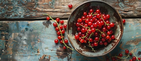Leinwandbilder - A bowl filled with ripe red currants on a rustic wooden surface with ample copy space for an image
