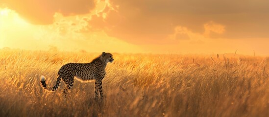 Poster - A cheetah in the savannah at sunset scanning for prey in the image with copy space