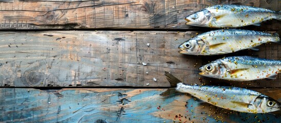 Aufkleber - Fish placed on a wooden table with copy space image showing herring covered in spices at a fish salting station