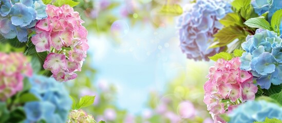 Fototapete - Border of hortensia flowers creating a vibrant frame with copy space image within