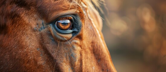 Poster - Closeup portrait of a lovely brown horse with a focus on a detailed shot includes copy space image