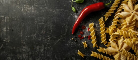 Aufkleber - Pasta and a red chili pepper arranged on a chalkboard creating an artistic culinary concept with copy space image