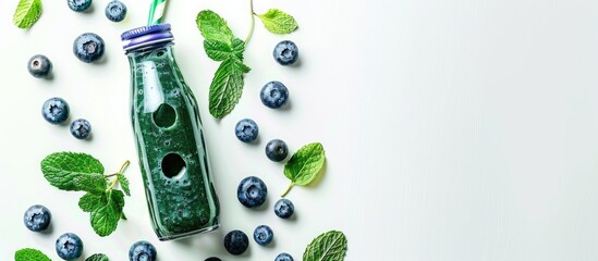 Leinwandbilder - A bottle of spirulina smoothie with blueberries mint leaves and a straw placed on a white background for a refreshing drink copy space image